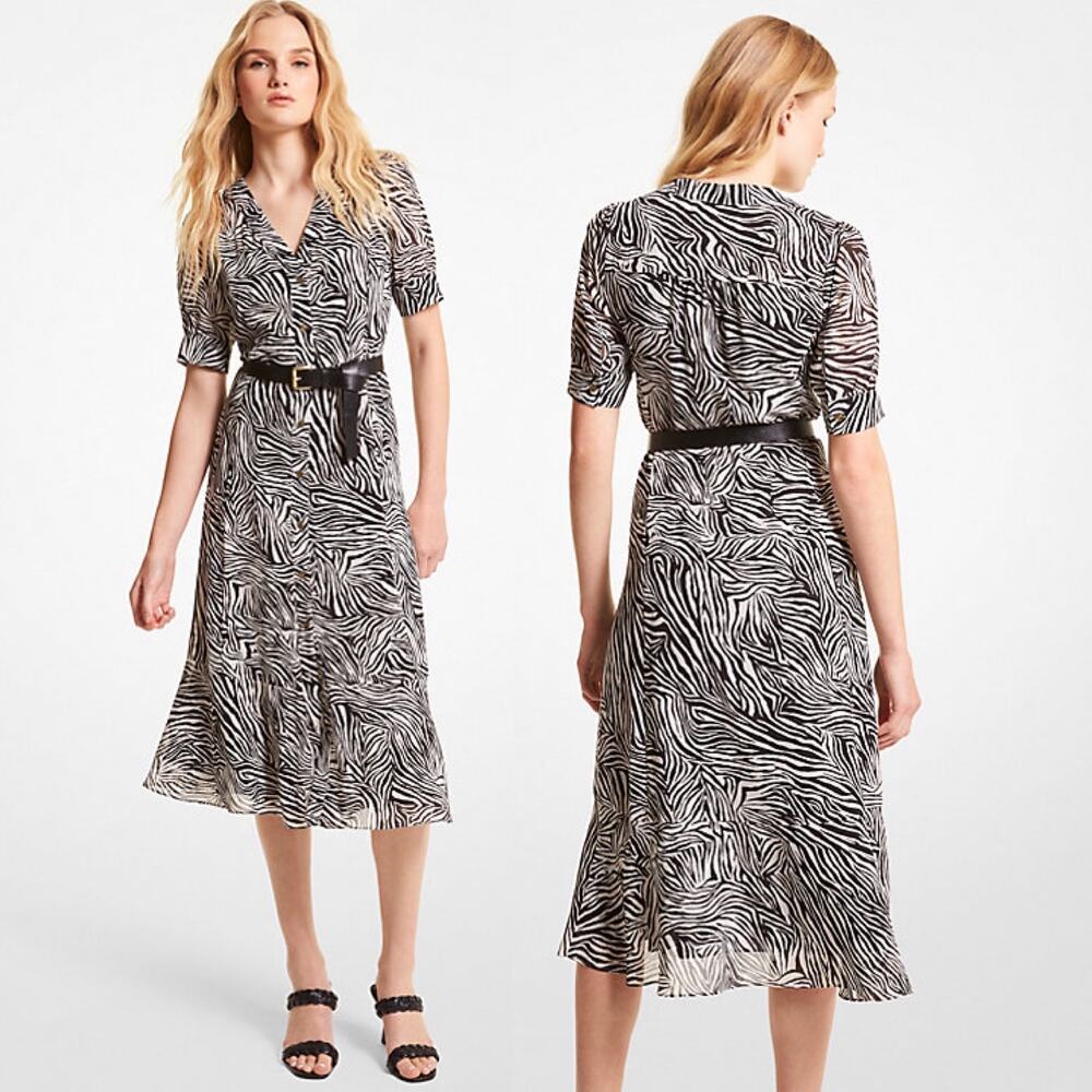 NWT Michael Kors Zebra Print Georgette Belted Puff Sleeve Midi Shirt Dress Med